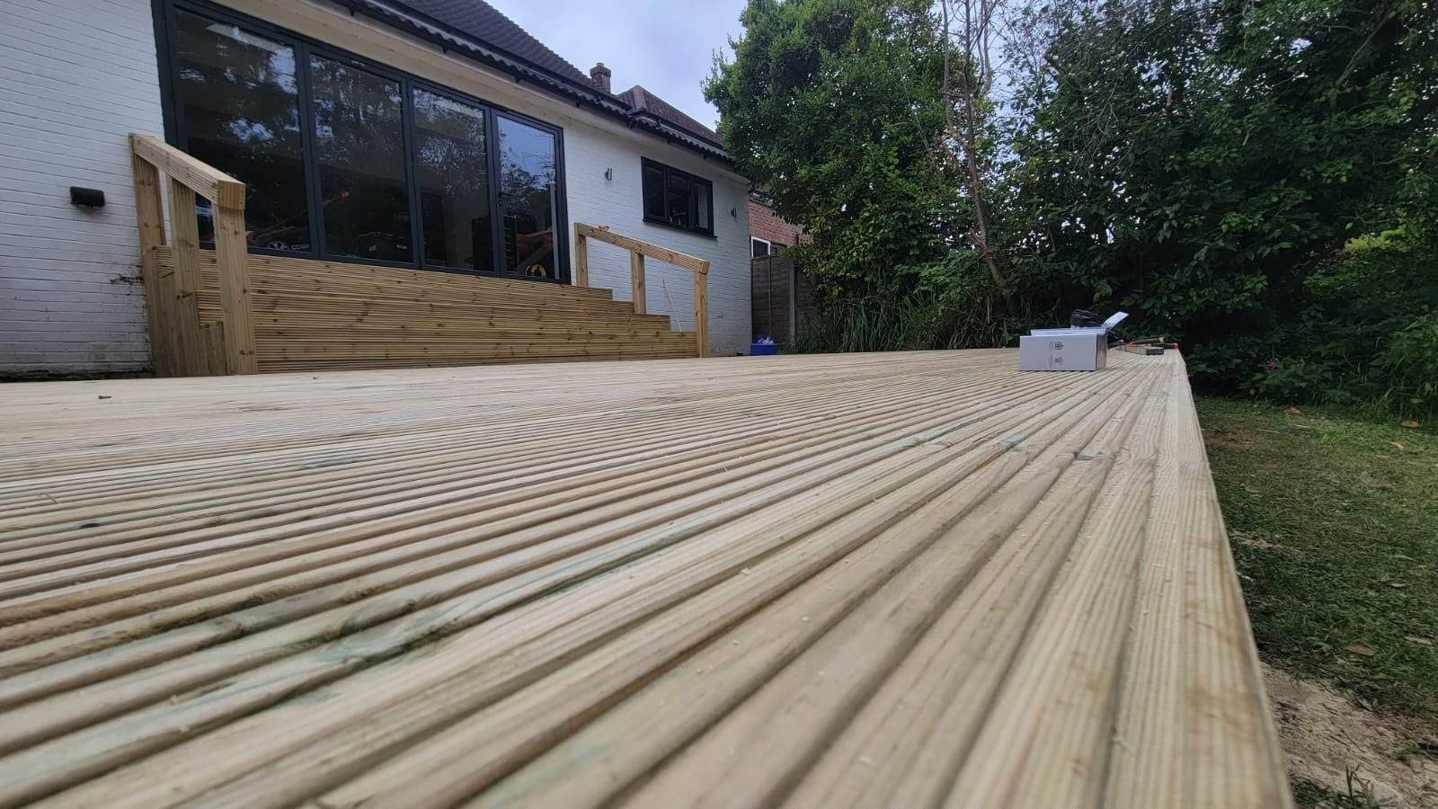 Low angle view of timber decking and steps