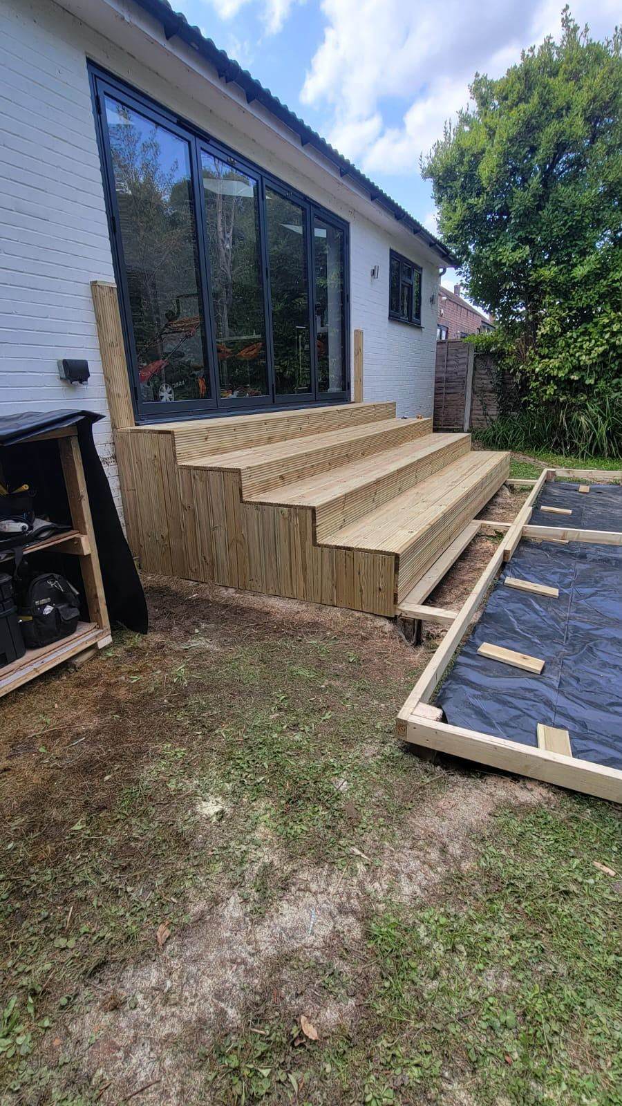 Timber frame under construction for garden steps